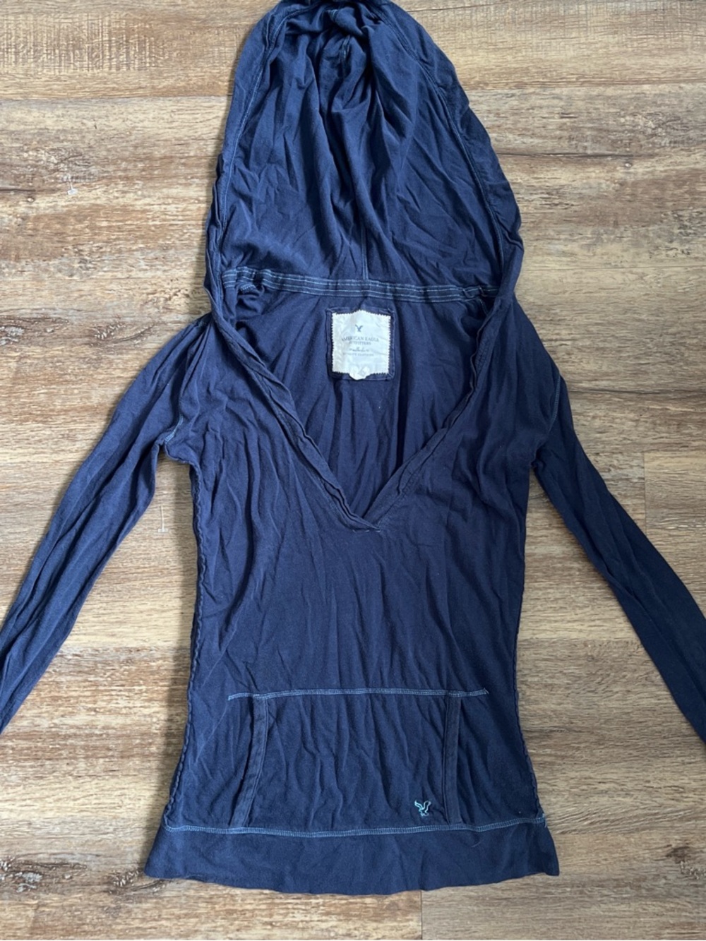 American Eagle Outfitters Navy Deep V Hooded Long Sleeve Top